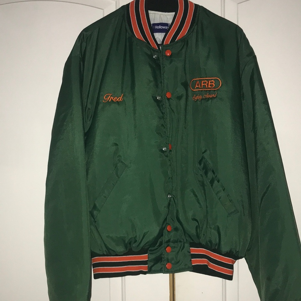 Vintage Green Varsity Bomber Jacket with Orange Trim